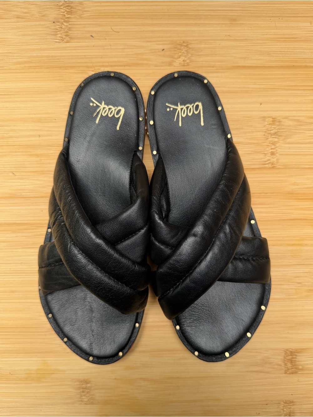 Beek Dovetail Black Leather Padded Criss Cross Slide Sandals Handmade Size 6